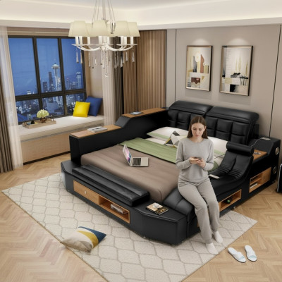 Ontwerp lederen bedden hotel dubbel multifunctioneel bed bluetooth luidsprekers luxe.