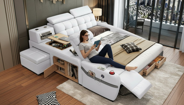 Bed Massage Bed multifunctionele bedden gestoffeerde USB-regel leren bekleding luxe