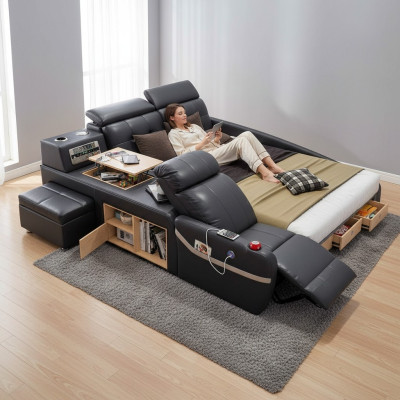 Multifunctioneel Deluxe Bed met Massagefunctie Hotelbed met bekleding Led usb Radio