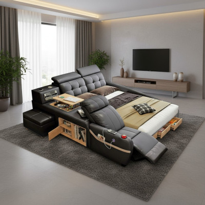 Multifunctioneel Deluxe Bed met Massagefunctie Hotelbed met bekleding Led usb Radio