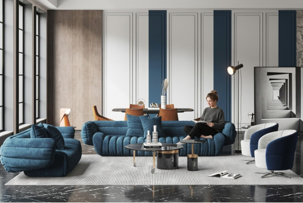 Blauw fluwelen bankstel 3+2 bankstel Luxe 2-delige woonkamerset