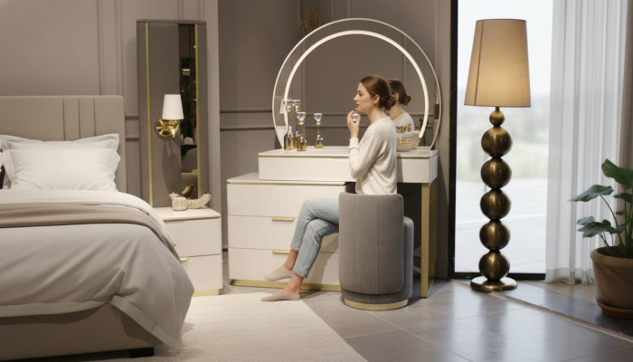 Toilettafel Set met spiegel Slaapkamermeubilair Ontwerp Kruk 3-delige Nieuw