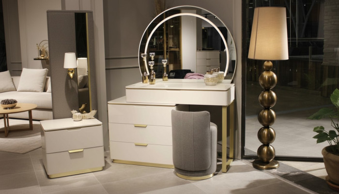 Toilettafel Set met spiegel Slaapkamermeubilair Ontwerp Kruk 3-delige Nieuw