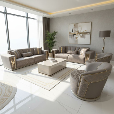 Sofa set compleet modern 3+3+1+1 zitsbank + salontafel textiel bank hout