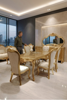 Klassieke eettafel + 6 stoelen + dressoir met spiegel Goud Houten commode Nieuw