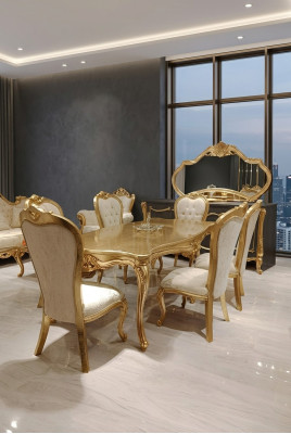 Klassieke eettafel + 6 stoelen + dressoir met spiegel Goud Houten commode Nieuw