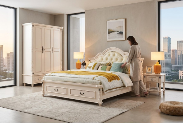 Chesterfield-tweepersoonsbed & 2 bijzettafels op gedraaide poten