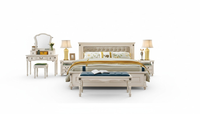Edel tweepersoonsbed met luxe houten design en gestoffeerd hoofdeinde.