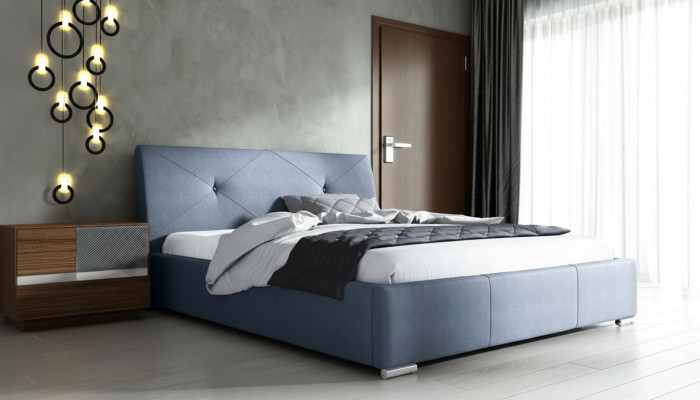 Blauw gestoffeerd tweepersoonsbed hotelbedden slaapkamer bedframe stof blauw hout
