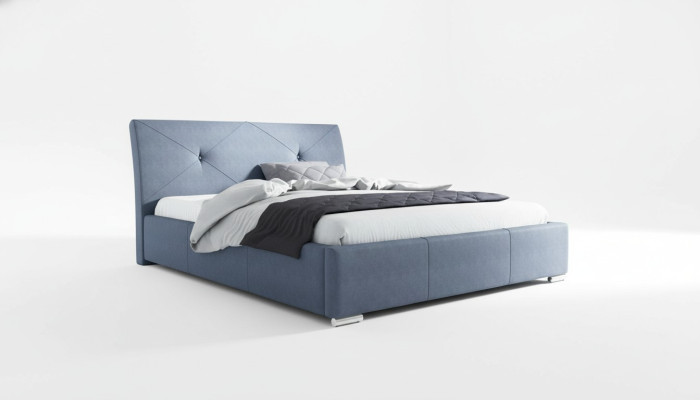 Blauw gestoffeerd tweepersoonsbed hotelbedden slaapkamer bedframe stof blauw hout