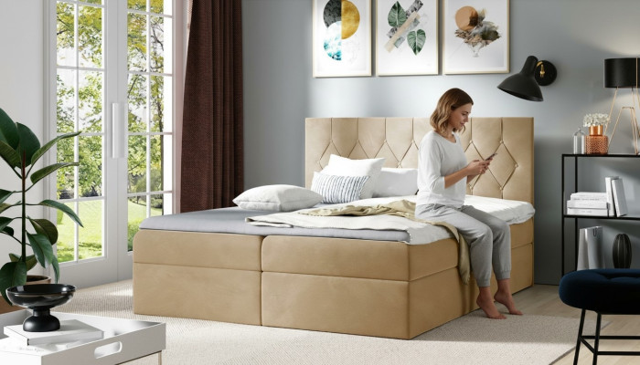 Luxe boxspring bed hotel bedden gestoffeerde functie opbergbox 180x200cm beige