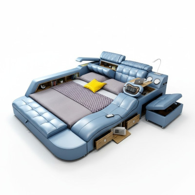 Ontwerp Bed XXL Groot Leer Hotel Bekleding 180x200 Multifunctioneel Regaal Bedden