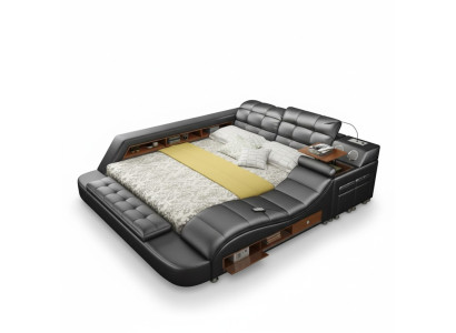 Bed Dubbele boekenplanken Lederen gestoffeerde bedden Multifunctioneel met nieuwe massagefunctie