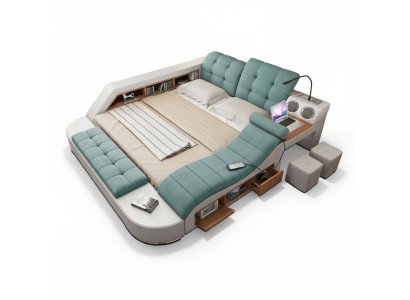Bed Twee Persoons Lederen Gestoffeerde Bedden Multifunctioneel met Massagefunctie Nieuw