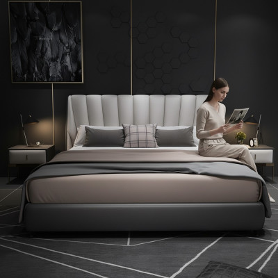 Luxe tweepersoons hotelbedden 180x200cm slaapkamer grijs lederen bed.