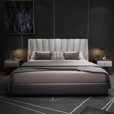 Luxe tweepersoons hotelbedden 180x200cm slaapkamer grijs lederen bed.