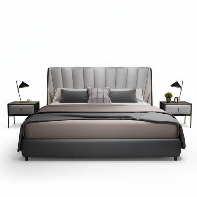 Luxe tweepersoons hotelbedden 180x200cm slaapkamer grijs lederen bed.