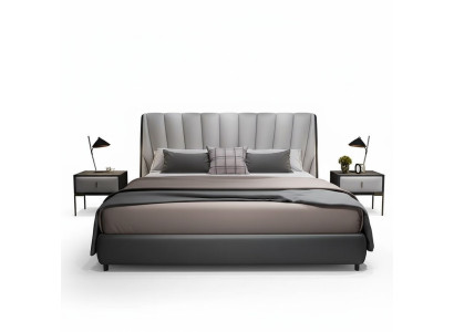 Luxe tweepersoons hotelbedden 180x200cm slaapkamer grijs lederen bed.