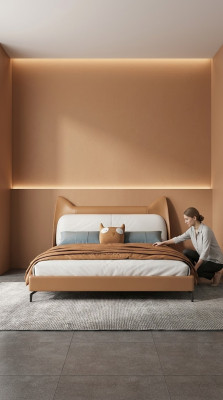 Modern hotel met leren stof tweepersoonsbed van 160x200 cm designer beddengoed dubbel.