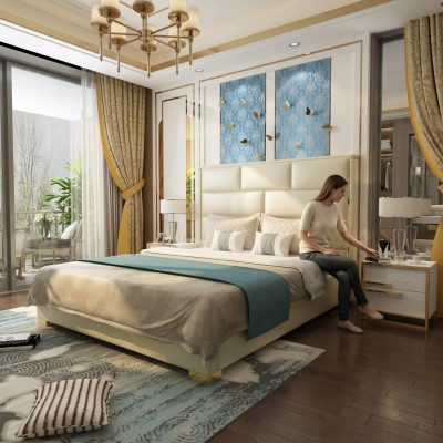 Ontwerper tweepersoonsbed bed slaapkamer bedden leer hotel luxe gestoffeerd