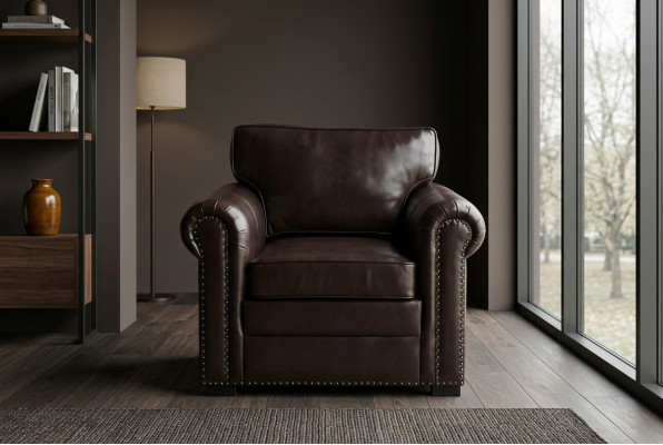 Ontwerp fauteuil van luxe leer, tv bank, eenzitter bank, ontspannen gestoffeerde lounge, nieuw.