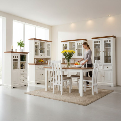 Landhuis woonkamer eetkamerset 8-delige set tafel dressoir stoelen vitrine meubels