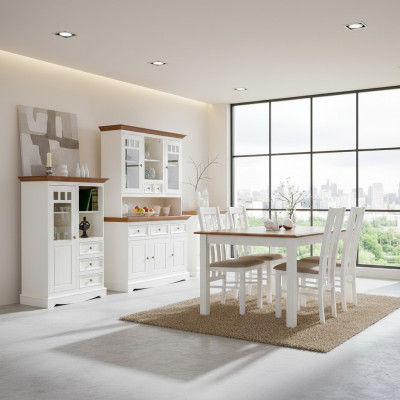 Landhuis woonkamer eetkamerset 8-delige set tafel dressoir stoelen vitrine meubels