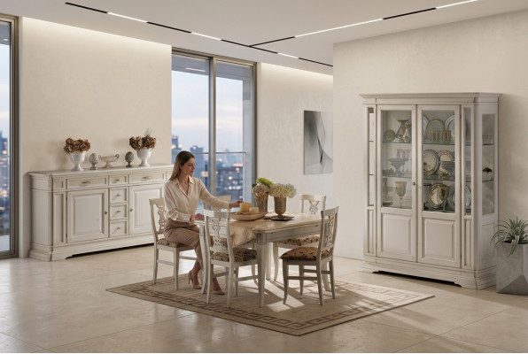 Garnituur 7-delig Houten Meubel Dressoir 4x Stoel Tafel Vitrine Nieuwe Groep Eetkamer Set