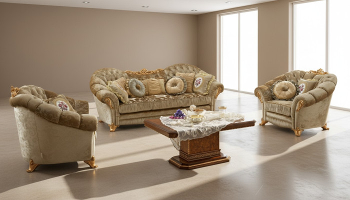 Luxe meubelbankstelbank in barok-rococostijl van hout met 3+1+1 zitsbank.