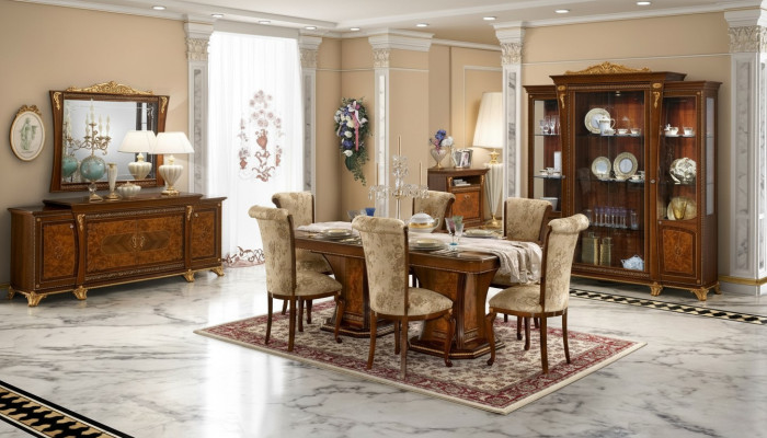 Meubelset eetkamer vitrine tafel 6x stoel dressoir spiegel barok nieuw 10-delig.
