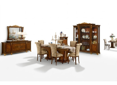Meubelset eetkamer vitrine tafel 6x stoel dressoir spiegel barok nieuw 10-delig.