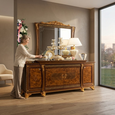 Kommodenset Italiaanse meubels 2-delig. Ladenkast met spiegel massief hout dressoir