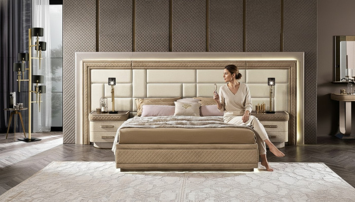 Slaapkamermeubilair Bed Massief Beige Italiaanse meubelen Hout Tweepersoonsbed