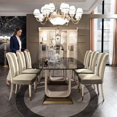 Eetkamer Set Garnituur 6x Stoelen Eettafel Groep Eetgroep Vitrinekast Tafel 7-delig