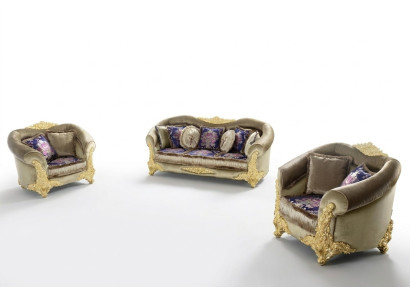 Klassieke woonkamerset met 3+2+1 banken en salontafel met gouden inlegwerk.