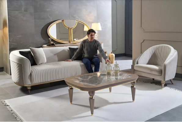 Sofaset bank bank stoffen 3 + 1 zits bank salontafel hout 3-delige set luxe meubels