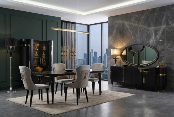 Tafelset garnituur eettafel 4 stoelen luxe stijl meubels stoelgroep commode 8-delig