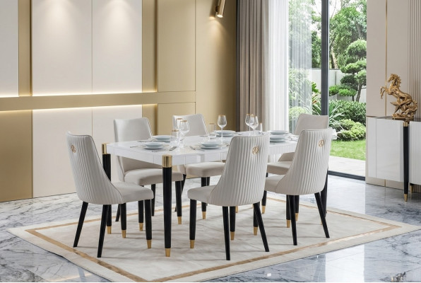 Eetkamerset meubelset compleet design fauteuil 6x stoelen gestoffeerd textiel stof