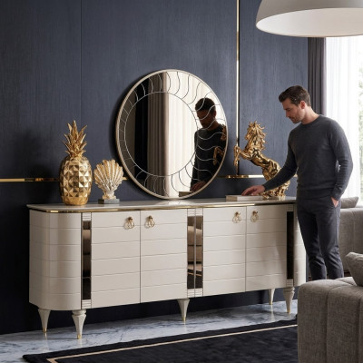 Houten dressoir meubels kast set 2-delig commode spiegelgroep