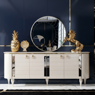 Houten dressoir meubels kast set 2-delig commode spiegelgroep