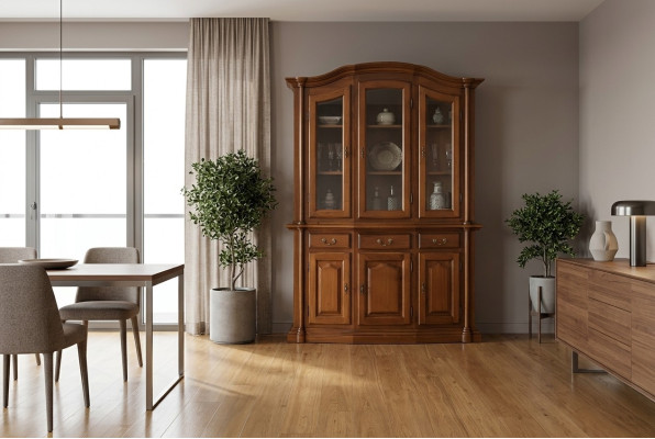 Massief houten vitrine woonkamer meubels dressoir Massief houten vitrinekast met glazen deuren.