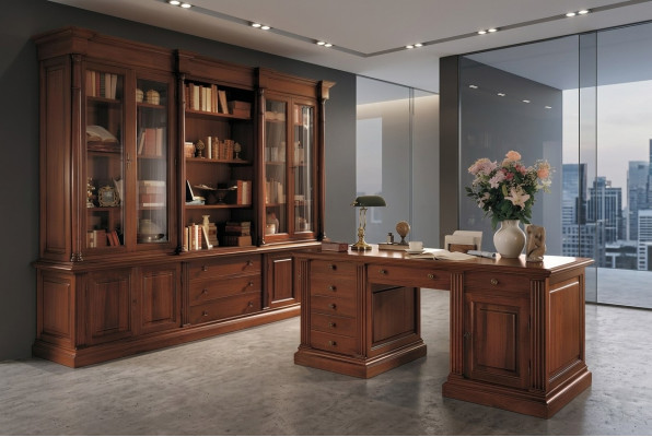 Kantoorinrichting Massief houten bureau Boekenkast Tafel Plank Kast 2-delig