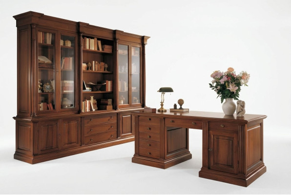 Kantoorinrichting Massief houten bureau Boekenkast Tafel Plank Kast 2-delig