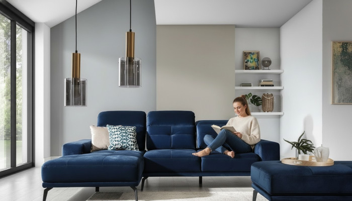 Designer bank bank hoekbank textielstoffering woonkamer set L-vormig blauw