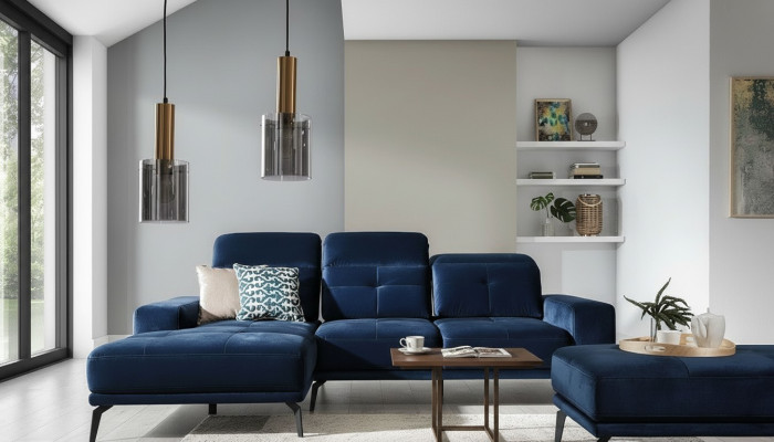 Designer bank bank hoekbank textielstoffering woonkamer set L-vormig blauw