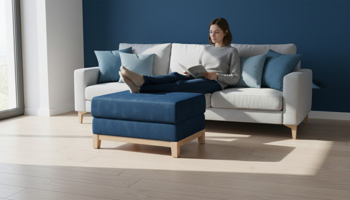 Ontwerp Beklede Poef Voetenbank Ottomanen Zitje Chaise Gestoffeerd Poef Blauw