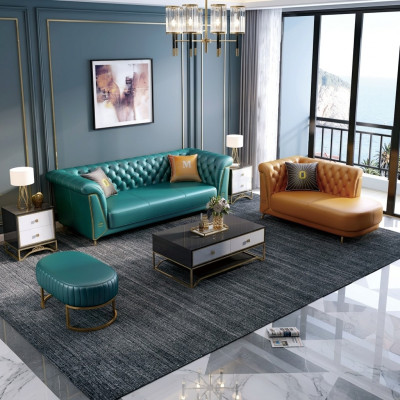 Moderne kleurrijke set bankstel leren bank 4-zits chaise longue ligstoel
