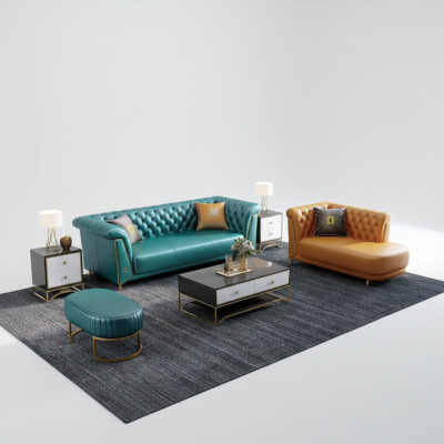 Moderne kleurrijke set bankstel leren bank 4-zits chaise longue ligstoel