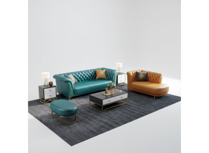 Moderne kleurrijke set bankstel leren bank 4-zits chaise longue ligstoel