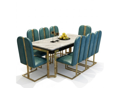 Roestvrijstalen marmeren imitatie tafel + 8 leunstoelen eetkamer set